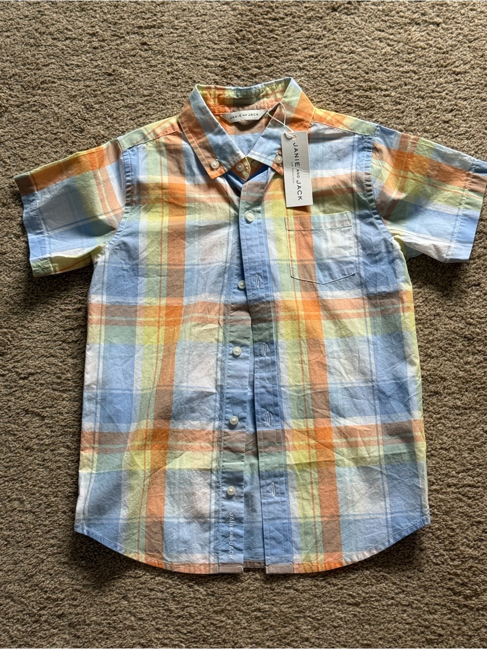 Janie and Jack Pastel Plaid Button-Down Shirt - Blue, Orange & Green